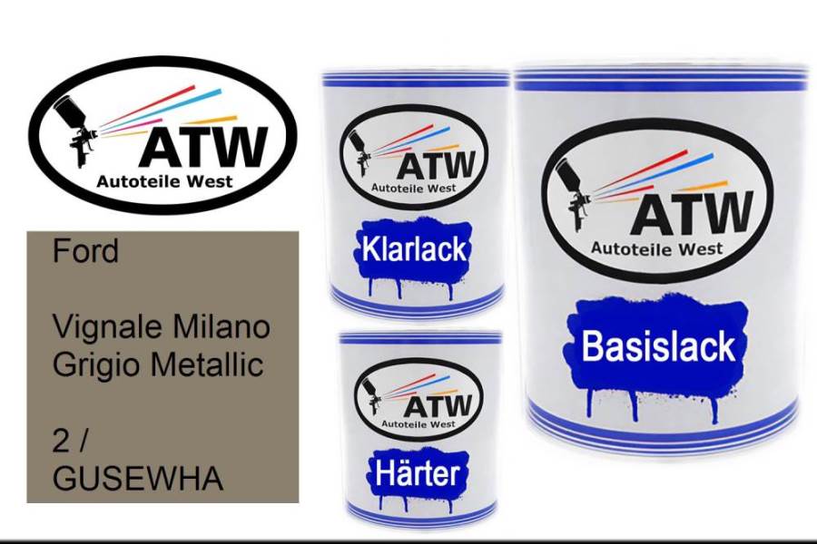 Ford, Vignale Milano Grigio Metallic, 2 / GUSEWHA: 1L Lackdose + 1L Klarlack + 500ml Härter - Set, von ATW Autoteile West.